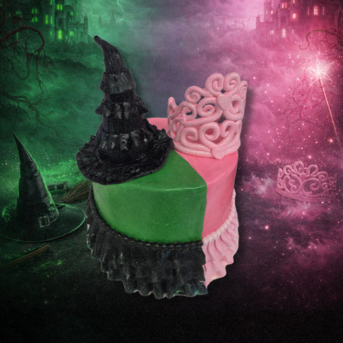 Custom Wicked musical themed cake green and pink with witch hat Sugar Dreams Bakery East Patchogue