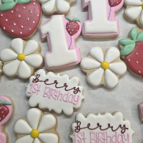 Strawberry themed first birthday cookies with flowers number one Sugar Dreams Bakery East Patchogue