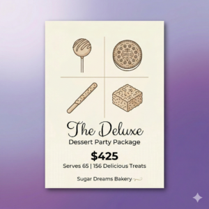 The Deluxe dessert party package with cake pops Oreos pretzels rice krispies $425 serves 65 Sugar Dreams Bakery East Patchogue