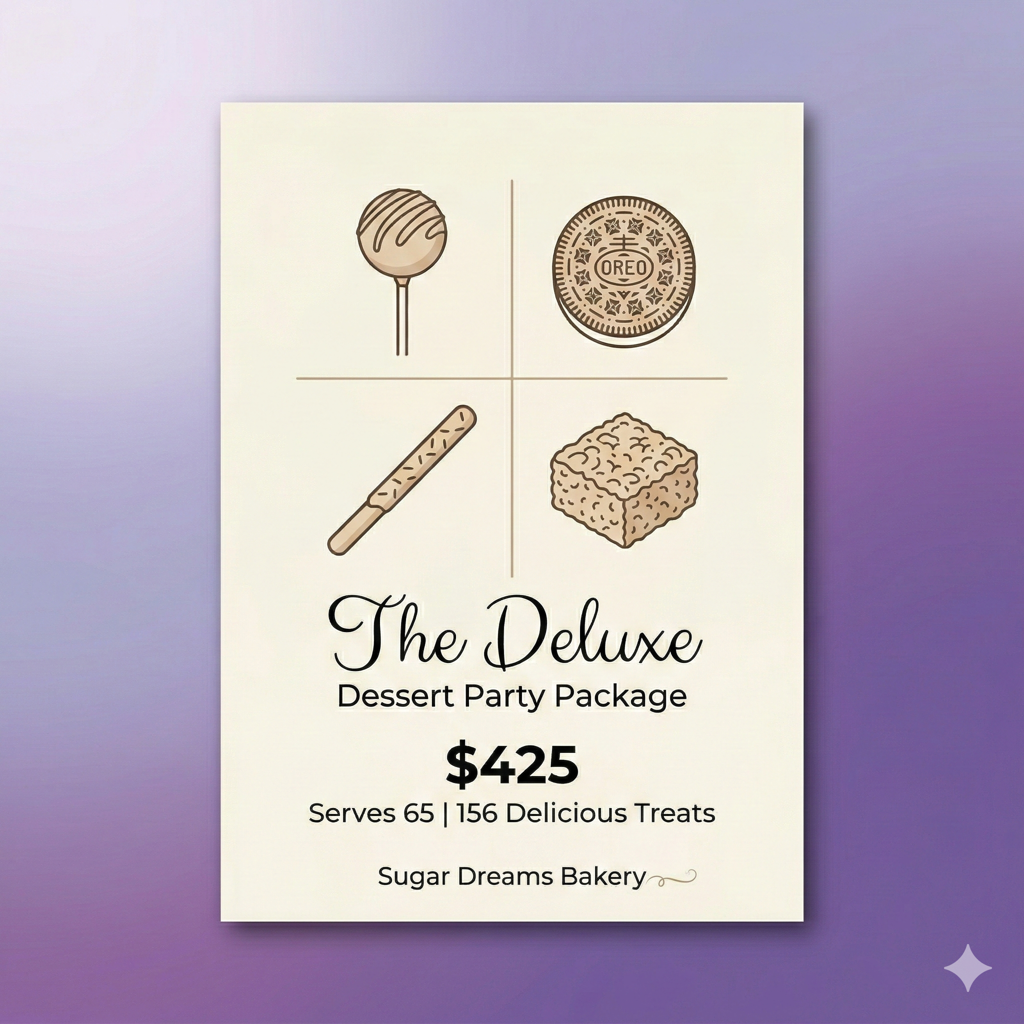 The Deluxe dessert party package with cake pops Oreos pretzels rice krispies $425 serves 65 Sugar Dreams Bakery East Patchogue
