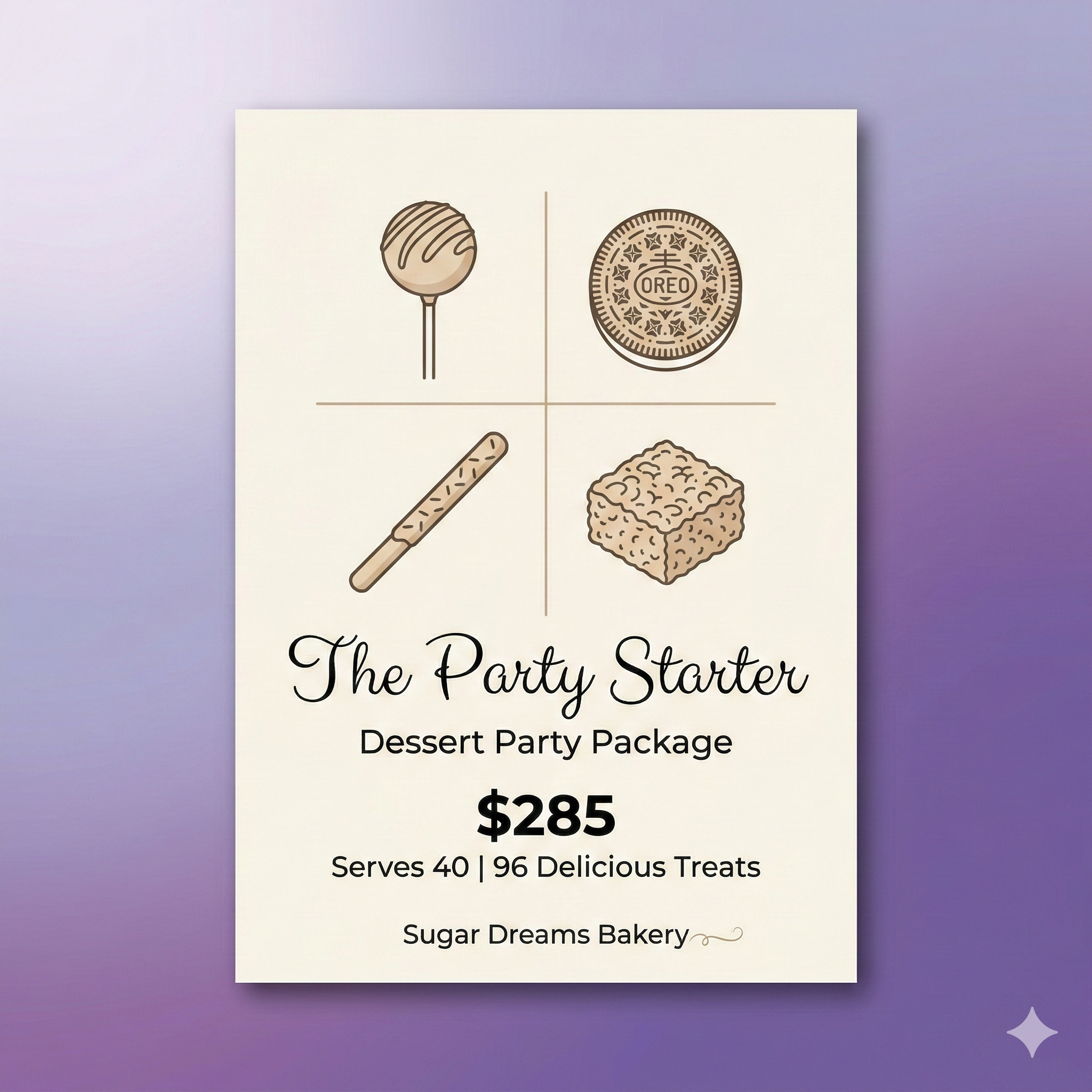 The Party Starter dessert party package with cake pops Oreos pretzels rice krispies $285 serves 40 Sugar Dreams Bakery East Patchogue