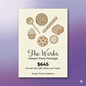 The Works ultimate dessert party package with cake pops Oreos pretzels rice krispies cupcakes cookies $645 serves 100 Sugar Dreams Bakery East Patchogue