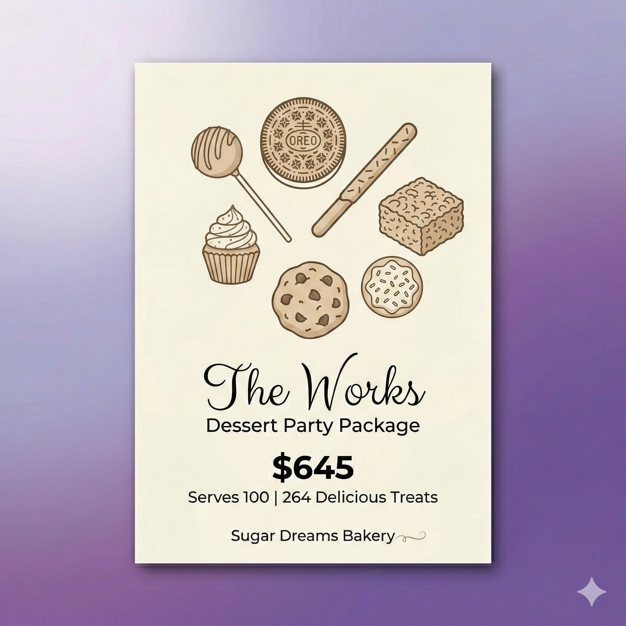 The Works ultimate dessert party package with cake pops Oreos pretzels rice krispies cupcakes cookies $645 serves 100 Sugar Dreams Bakery East Patchogue